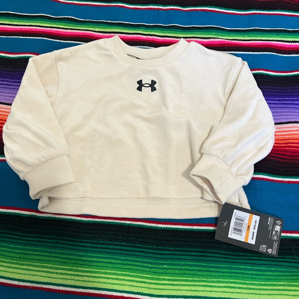 Under Armour Cream Girls' Crewneck Pullover Sweatshirt with Black Logo